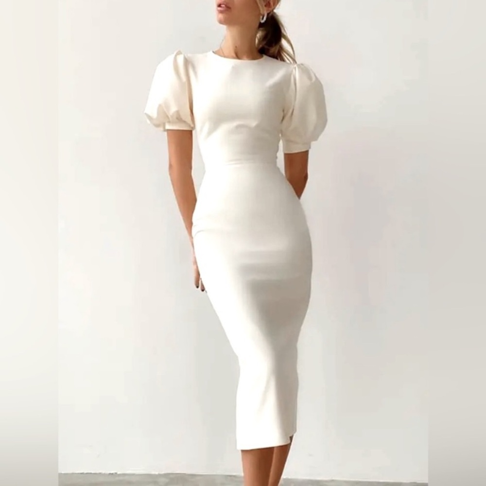Ivory Stretch Crepe Sheath Style Puff Sleeve Midi Dress - Size Medium (4/6)